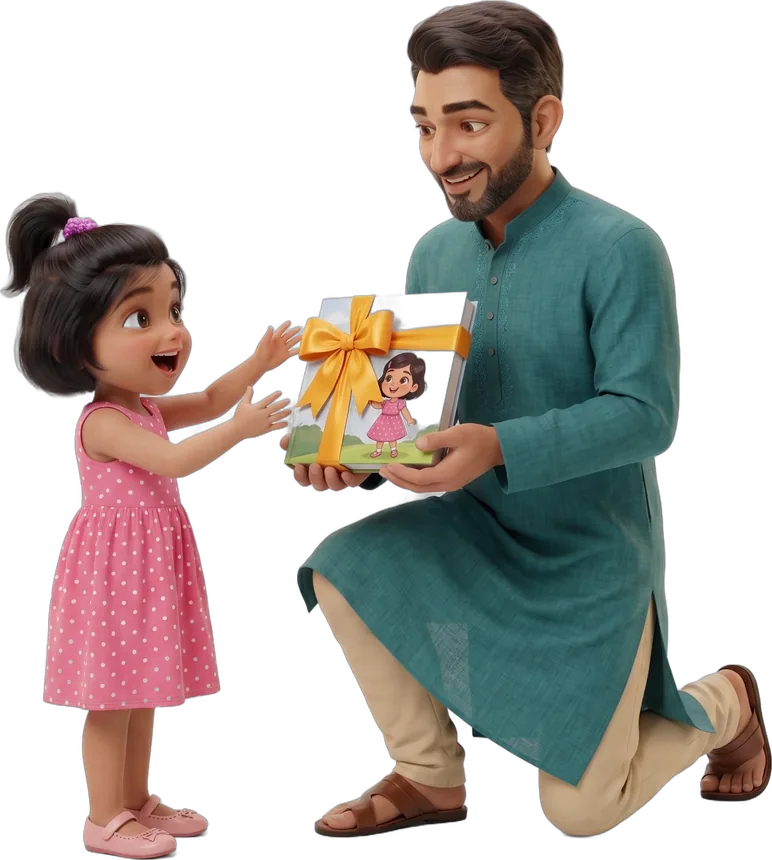 Abbu kneeling to hand Tuni a wrapped book with her picture on the cover