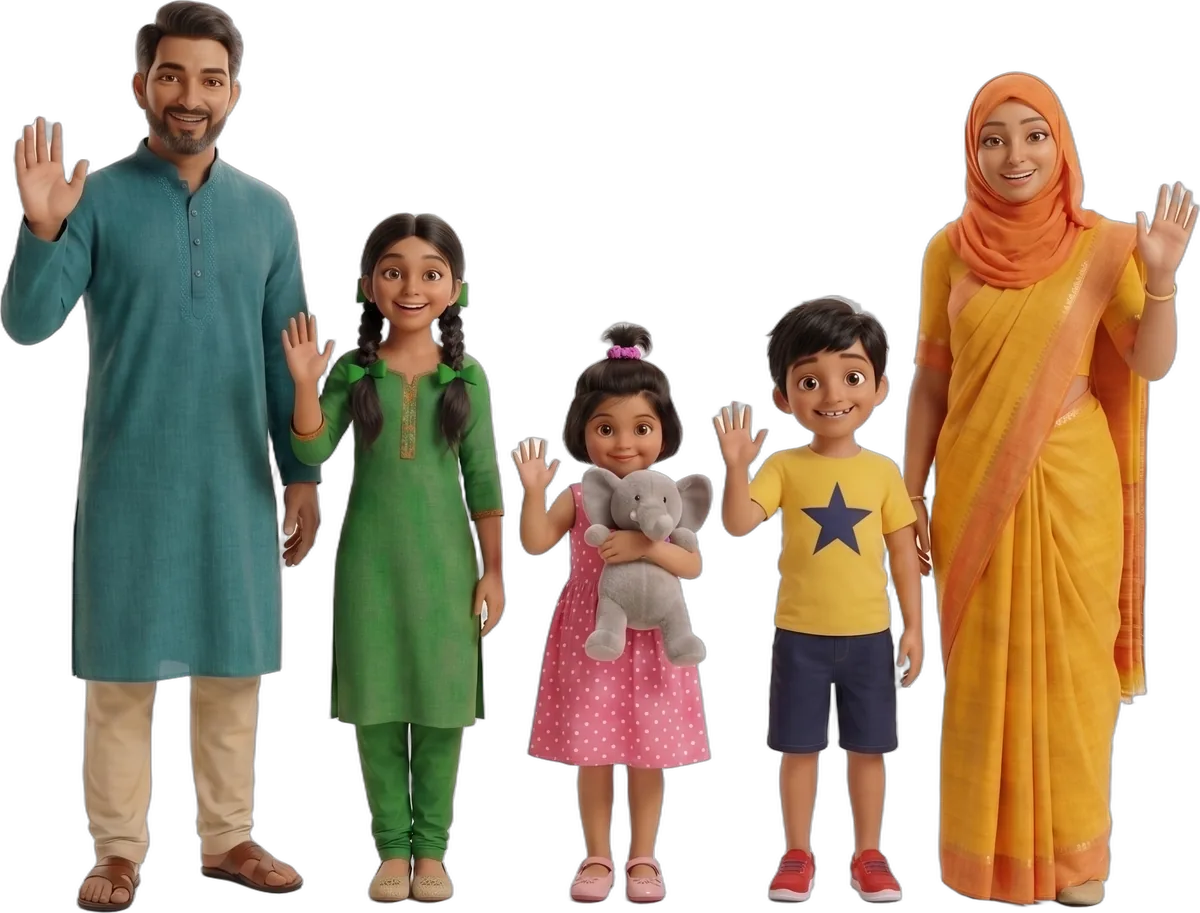 Our host family — Abbu, Mim, Tuni, Arian and Ammu — waving