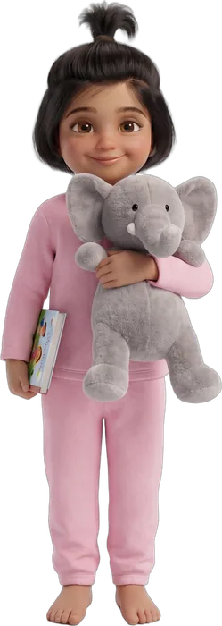 Tuni, our youngest host, in pyjamas hugging her toy elephant